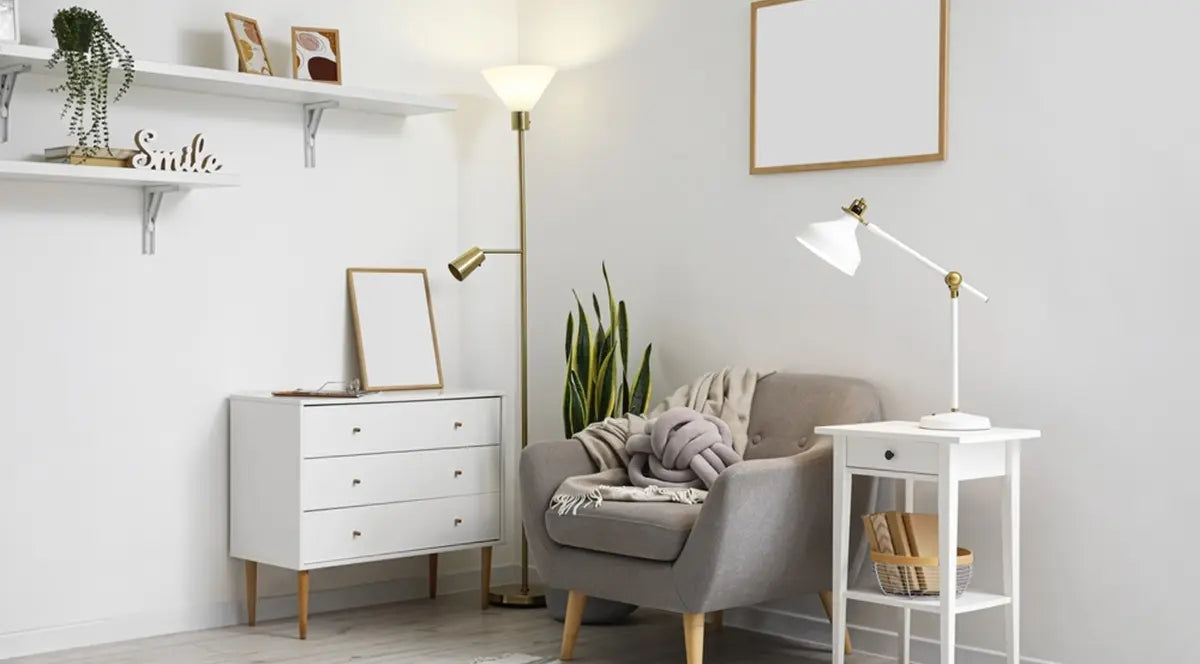 Interior of light living room with floor lamps