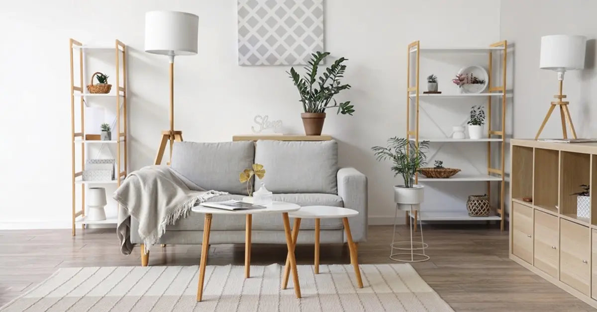 Interior of light living room with sofa, shelving units and floor lamp