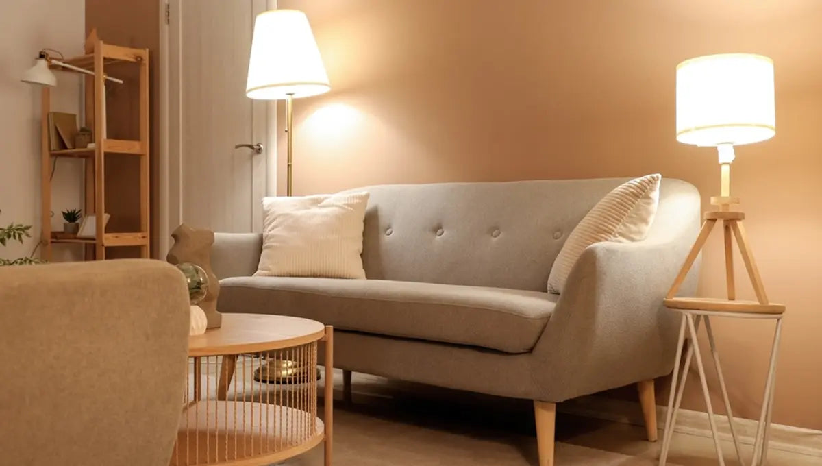 Interior of modern living room with grey sofa two floor lamps