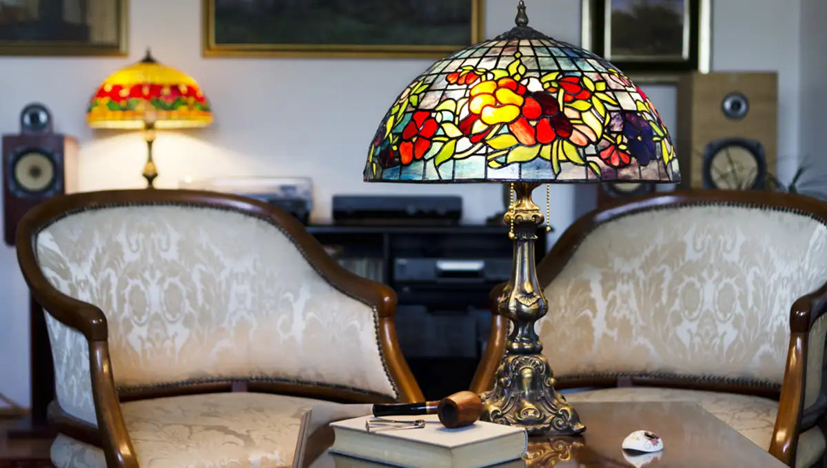 Tiffany lamp on wooden table