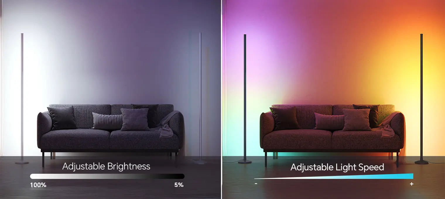 Modern LED floor lamp showing adjustable brightness and speed settings for dynamic lighting effects