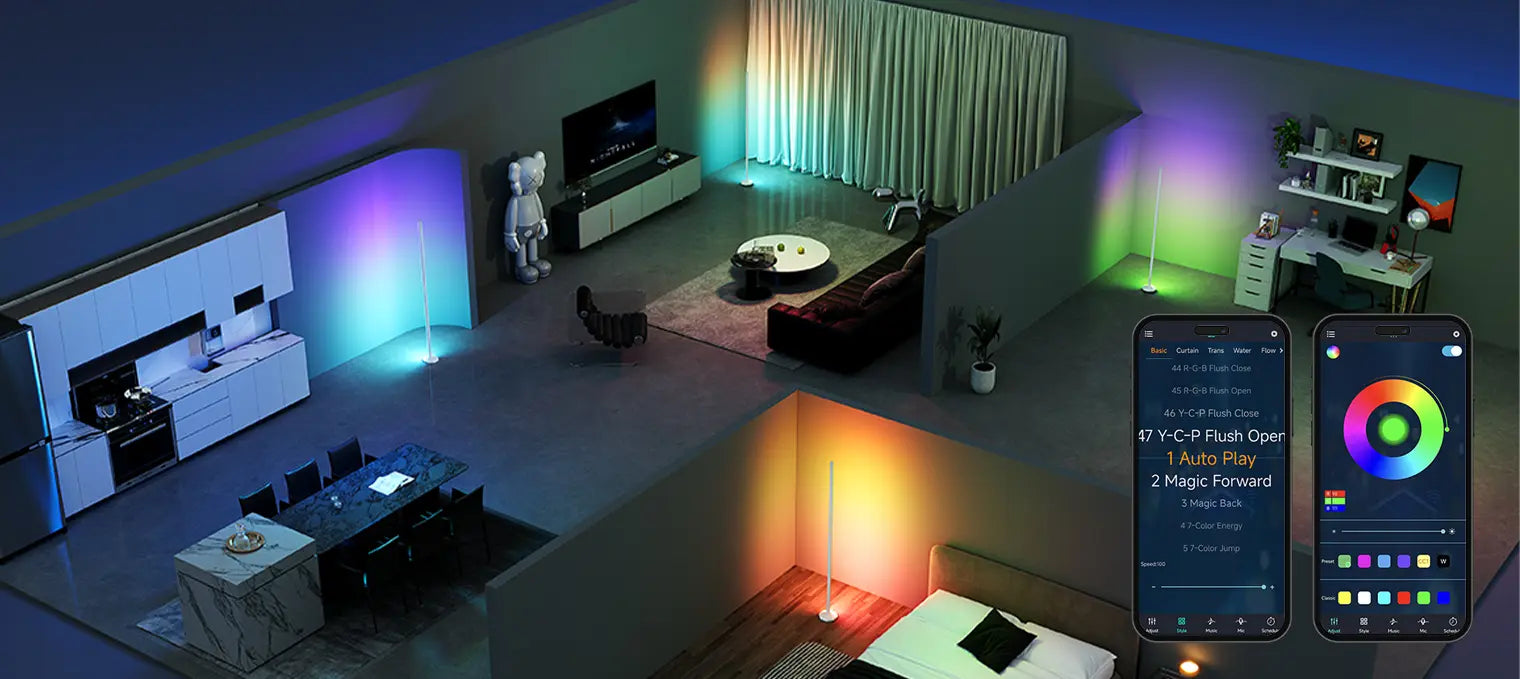 RGB smart floor lamps providing ambient lighting in multiple rooms, controlled via app