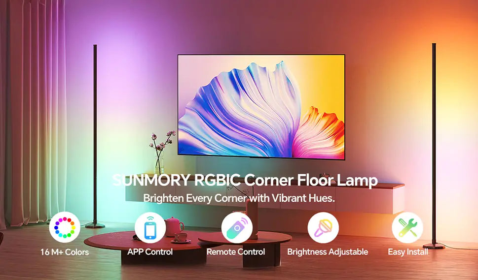 SUNMORY RGBIC corner floor lamps providing vibrant ambient lighting in a living room